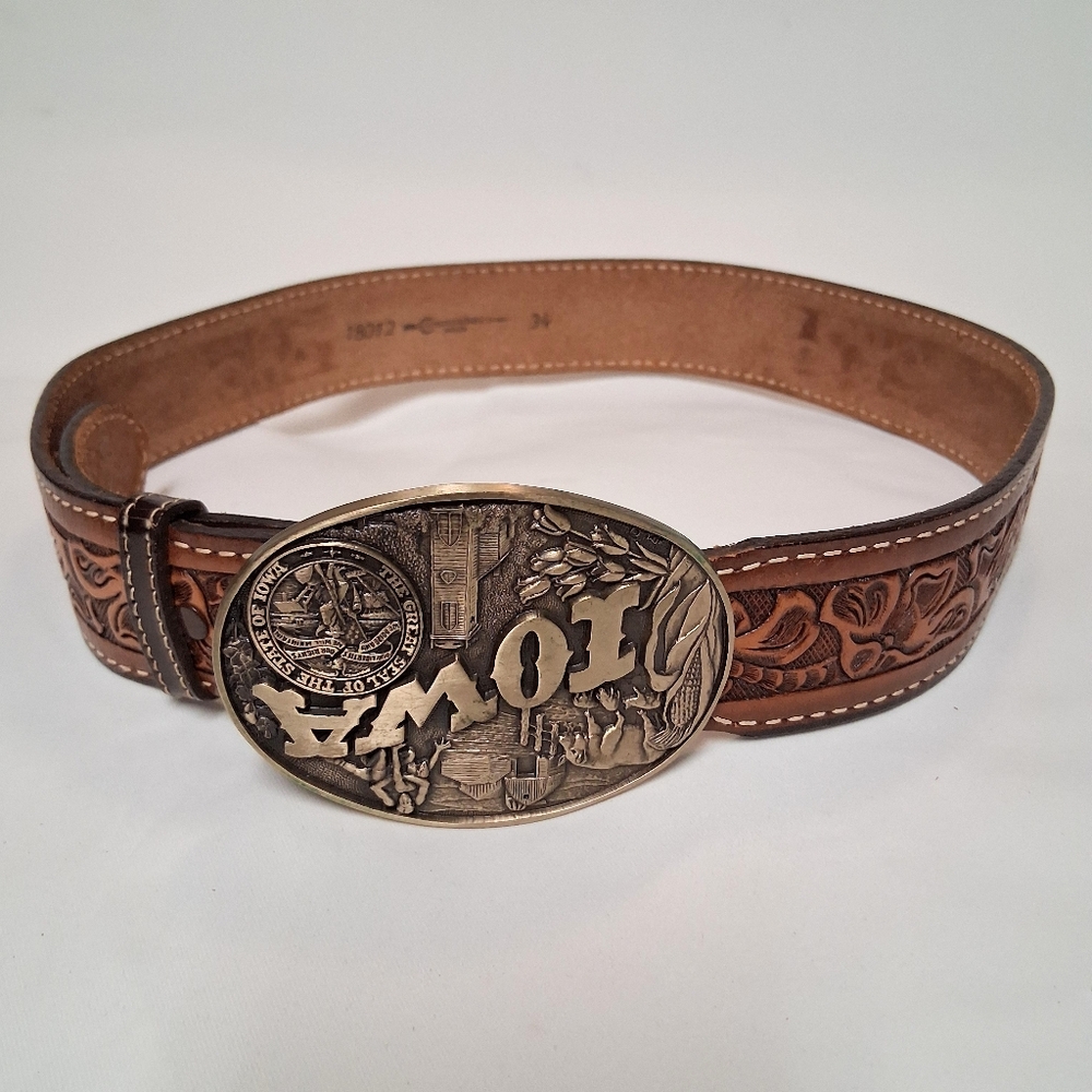 Comanchero Brown Leather Belt with Iowa State Seal Solid Brass Buckle